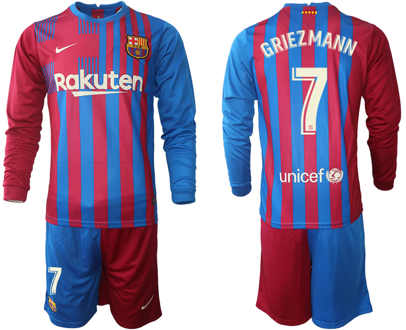 Men 2021-2022 Club Barcelona home red blue Long Sleeve #7 Nike Soccer Jersey->barcelona jersey->Soccer Club Jersey